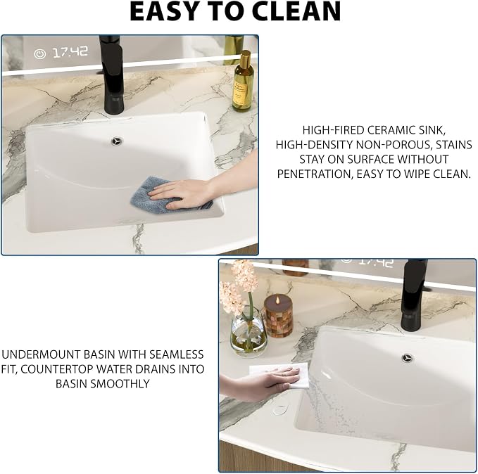 White Undermount Bathroom Sink 18"x14"Ceramic Basin | Modern Porcelain Under Counter Bathroom Vanity Sink, Interior Bowl 16.3"x 16.9", Rectangular Undermount Basin with Overflow