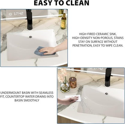 White Undermount Bathroom Sink 18"x14"Ceramic Basin | Modern Porcelain Under Counter Bathroom Vanity Sink, Interior Bowl 16.3"x 16.9", Rectangular Undermount Basin with Overflow