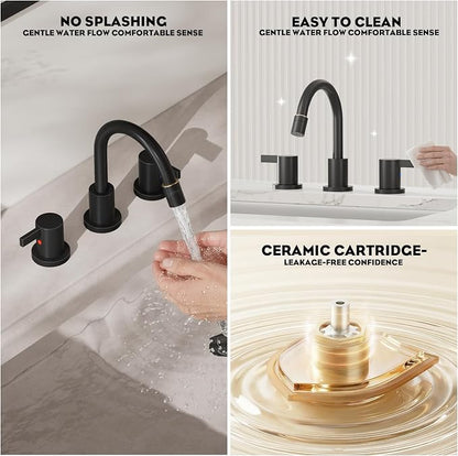 Pull Out Sprayer Matte Black 8 Inch Bathroom Sink Faucet, Widespread 2 Handles 3 Hole Pull Down Bathroom Faucet, with Pop Up Drain and Water Supply Line, BF04022-K01-MB