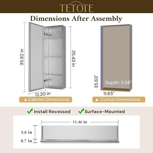 TETOTE 12 x 36 Bathroom Vanity Mirror Cabinet with Tempered Beveled MirrorSilverMedicine Cabinet Aluminum Cabinet DTC Hinges, Stepless Adjustable Shelves, Recessed/Surface-Mounted