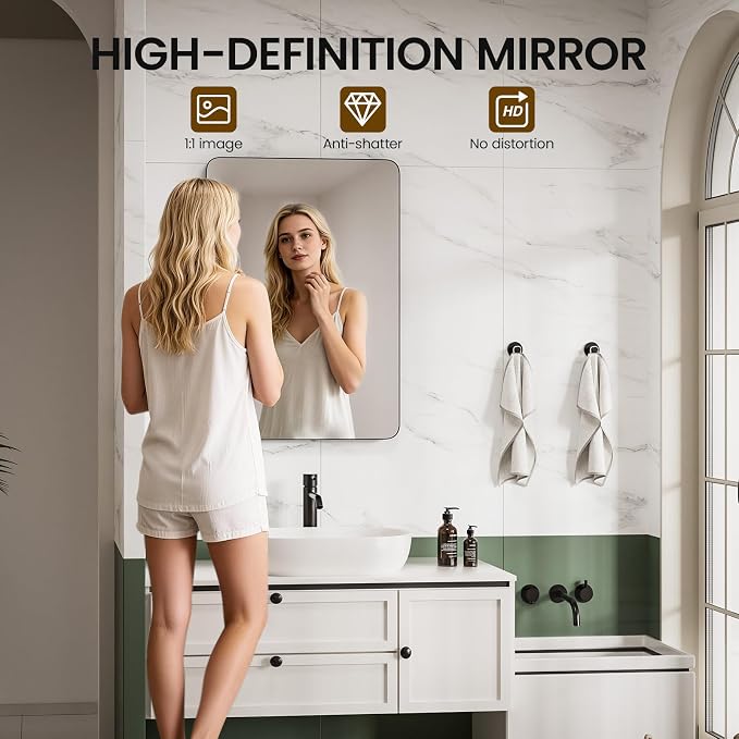 20x26 Black Medicine Cabinet Mirror, Recessed or Surface Mount | Built-in makeup organizer with lipstick slots, Brush holders and inner mirror; 3 adjustable shelves; Rustproof aluminum