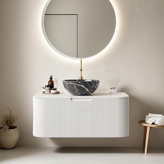 36" Floating Bathroom Vanity with Sink, Modern Bathroom Cabinet with Ultra-Thin Ceramic Basin and Marble Top, Extra Large Storage Drawer, Soft-Close Design, White with Black