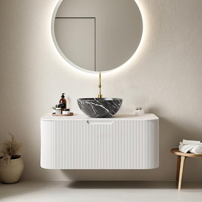 36" Floating Bathroom Vanity with Sink, Modern Bathroom Cabinet with Ultra-Thin Ceramic Basin and Marble Top, Extra Large Storage Drawer, Soft-Close Design, White with Black