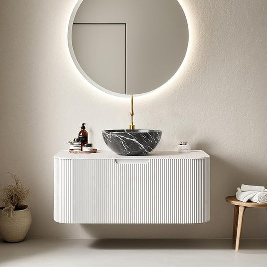 36" Floating Bathroom Vanity with Sink, Modern Bathroom Cabinet with Ultra-Thin Ceramic Basin and Marble Top, Extra Large Storage Drawer, Soft-Close Design, White with Black