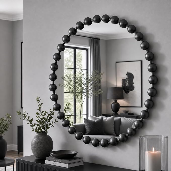 Madison Park 27 inch Black Round Mirror, Round Mirrors for Wall Decor, Metal Frame Circle Mirror for Bathroom, Living Room, Round Wall Metal Art Mirror