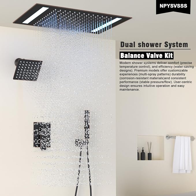 Rain Shower Head System with 14x20 Inch Ceiling Mount LED Head & 6 Inch Wall Head and Handheld Shower 3 Way Pressure Balance Valve Kit, Oil Rubbed Bronz