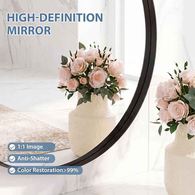 DUMOS Round Wall Mirror 30 Inch, Bathroom Wall Circle Mirror | Bathroom Decor for Entryway, Living Room, Vanity, Metal Frame, Tempered Glass, Anti-Rust, Hanging or Leaning, Black