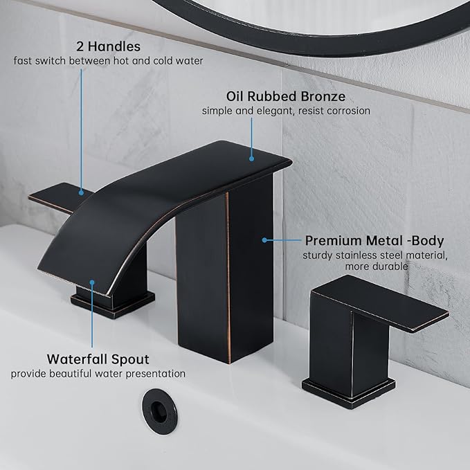 RUMOSE 8 inch Bathroom Faucets Set Oil Rubbed Bronze Bathroom Sink Faucet 3 Hole with Pop Up Drain Widespread 2 Handles Stainless Steel Lavatory Vanity Faucet Waterfall Deck Mounted