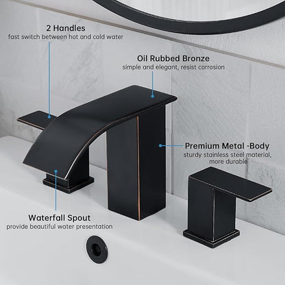 RUMOSE 8 inch Bathroom Faucets Set Oil Rubbed Bronze Bathroom Sink Faucet 3 Hole with Pop Up Drain Widespread 2 Handles Stainless Steel Lavatory Vanity Faucet Waterfall Deck Mounted