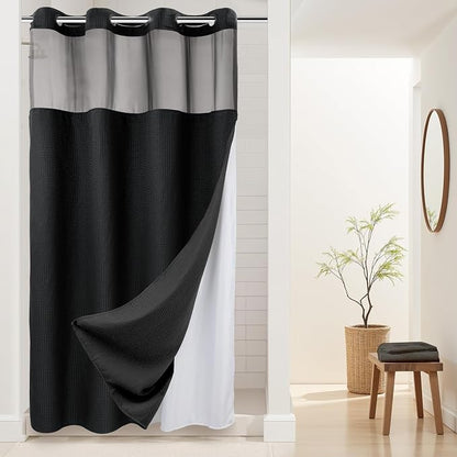 RiverDream Heavyweight Waffle No Hook Shower Curtain with Liner,Black,54x80 | Dotted Waffle,Snap-in Liner,Heavy Duty,Quick Dry,Mesh Top Window,With Bottom Magnets,Hotel-Grade,Washable,Stall Long Size