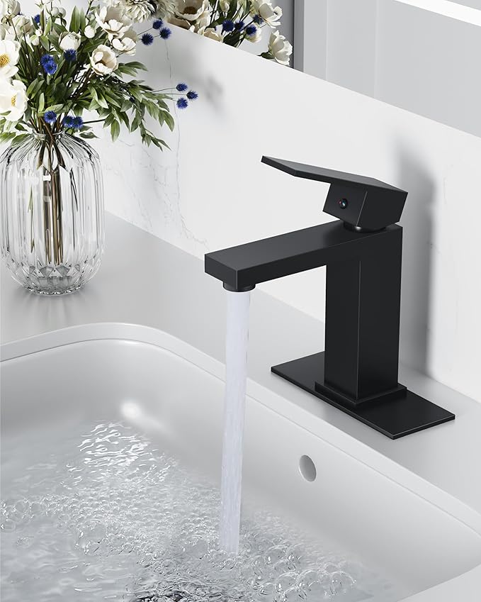 Midanya Bathroom Faucets 1 Hole, Single Handle Stainless Steel Bathroom Sink Faucet, Modern Vanity Faucets with Deck Plate,Water Supply Hoses and Pop Up Drain,Matte Black