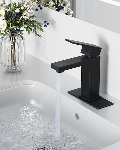 Midanya Bathroom Faucets 1 Hole, Single Handle Stainless Steel Bathroom Sink Faucet, Modern Vanity Faucets with Deck Plate,Water Supply Hoses and Pop Up Drain,Matte Black