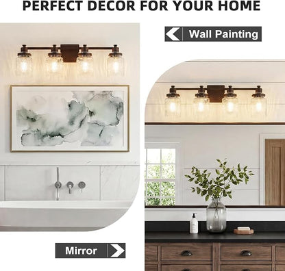 4 Light Bathroom Vanity Light Fixtures Farmhouse Oil Rubbed Bronze | ETL Certificate, Easy to Install,Wall Mount Up or Down,Hammered Glass Lampshade,E26 Socket,Hardwired,120V