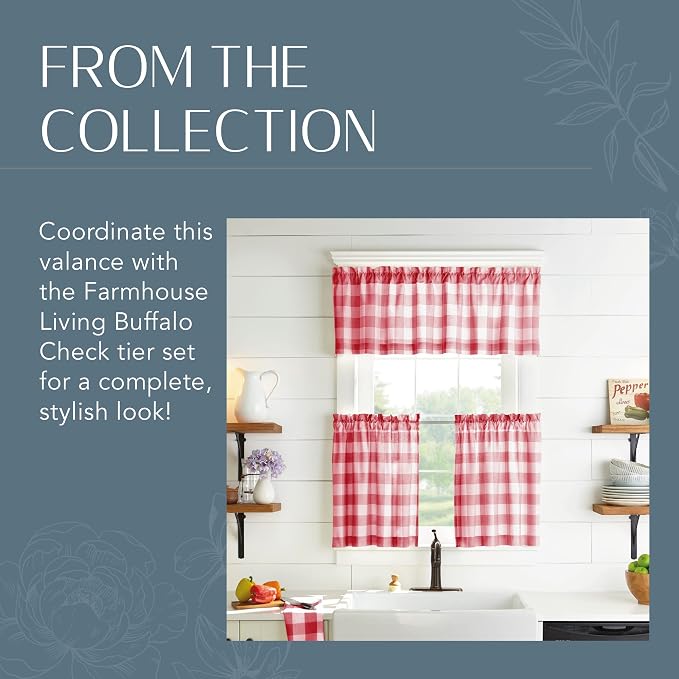 Farmhouse Living Buffalo Check Window Valance, Red/White - 60" W x 15" L