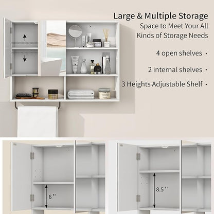 Bathroom Wall Cabinet, Medicine Cabinet, with Mirror & Towel Bar, White