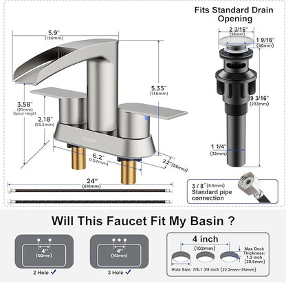 Bathroom Sink Faucet for 3 Hole, Hurran 4 Inch Bathroom Faucets with Pop-up Drain, Stainless Steel 2-Handle Waterfall Faucet for Sink, Brushed Nickel
