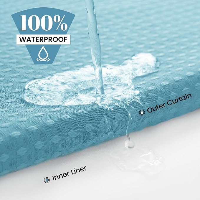 SORTTO No Hook Shower Curtain with Snap in Liner Set Waffle Shower Curtain for Bathroom Hotel Style Fabric Waterproof Inner Liner，71" W x 74" H, Cyan