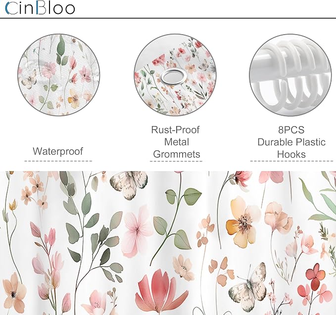 Pink Blush Coral Flower Floral Narrow Leaves Bathroom Shower Curtain Set | 48"W x 72"H Wildflower Plants; waterproof HD print, quick-dry fabric and plastic hooks for easy setup.