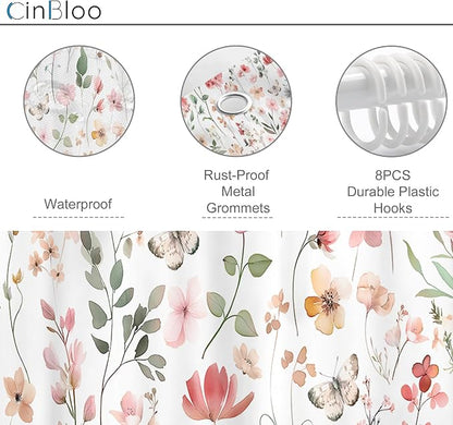 Pink Blush Coral Flower Floral Narrow Leaves Bathroom Shower Curtain Set | 48"W x 72"H Wildflower Plants; waterproof HD print, quick-dry fabric and plastic hooks for easy setup.