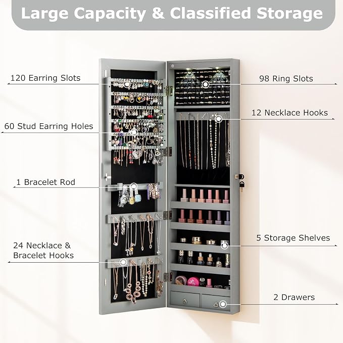 Moccha Wall Door Jewelry Armoire, 47.5" H Full Length Mirrored Jewelry Cabinet with 2 LED Lights and 2 Drawers, Lockable Jewelry Cabinet, Jewelry Organizer Storage for Bedroom (Grey)