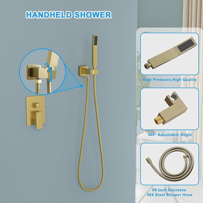 Lordear Rain Shower System Wall Mounted Shower Faucet Set with 8 Inch Stainless Steel Shower Head Handle Set and Solid Brass Valve, Brushed Gold Finish
