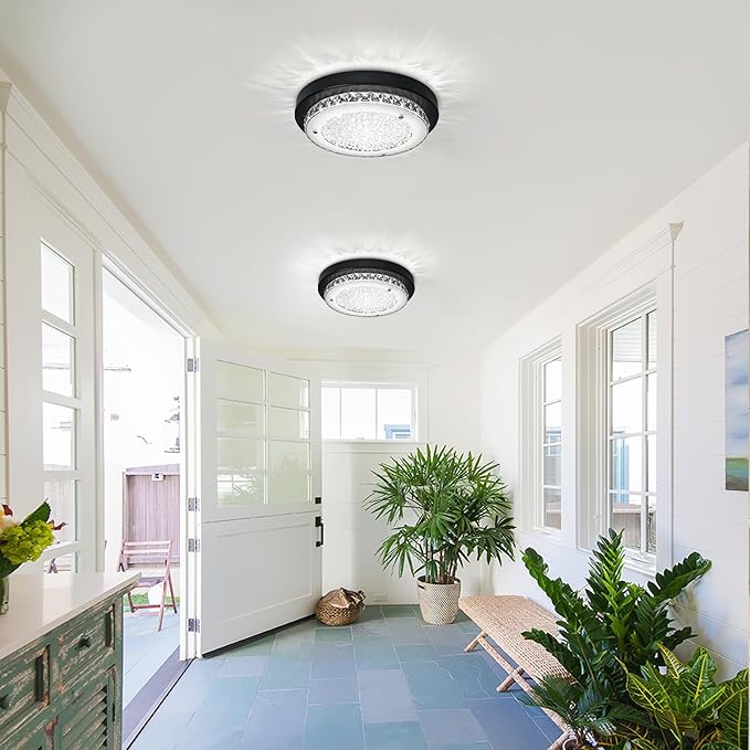 Black Flush Mount Ceiling Light Fixture 13" Hallway Light Fixtures Ceiling Crystal LED Bathroom Dimmable Bedroom Lights for Ceiling