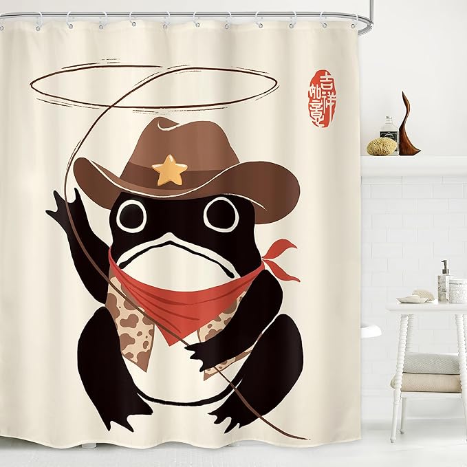 LGhtyro Funny Cowboy Frog Shower Curtain Bathroom Set 60Wx71H Inches Western Rodeo Animal Cute Hat Retro Asian Traditional Japanese Art Bath Accessories Black Beige Art Home Decor Fabric 12 Pack Hooks