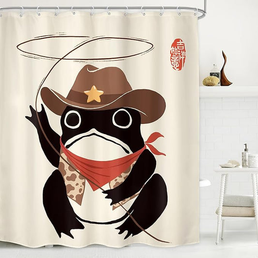 LGhtyro Funny Cowboy Frog Shower Curtain Bathroom Set 60Wx71H Inches Western Rodeo Animal Cute Hat Retro Asian Traditional Japanese Art Bath Accessories Black Beige Art Home Decor Fabric 12 Pack Hooks