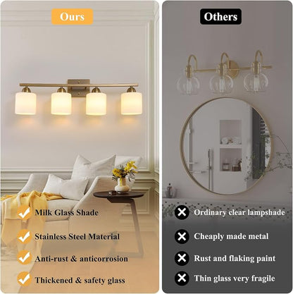 Mecgirn Milk Glass Vanity Lights for Bathroom, 4 Light Brass Bathroom Light Fixtures Over Mirror, Ceramic E26 Sockets Wall Mounted