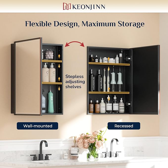 Keonjinn 16" x 24" Bathroom Medicine Cabinet with Mirror, Oil Rubbed Bronze | Fully Assembled, Aluminum Framed, Adjustable Shelves, Recessed or Surface Wall-Mounted, Bathroom Mirror with Storage Cabinet