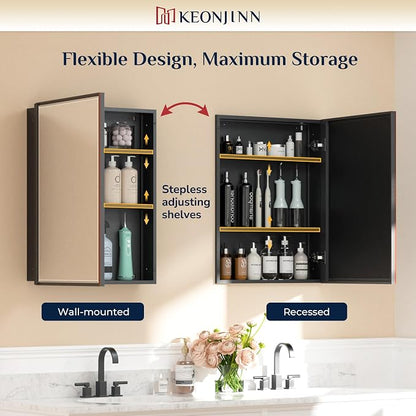 Keonjinn 16" x 24" Bathroom Medicine Cabinet with Mirror, Oil Rubbed Bronze | Fully Assembled, Aluminum Framed, Adjustable Shelves, Recessed or Surface Wall-Mounted, Bathroom Mirror with Storage Cabinet