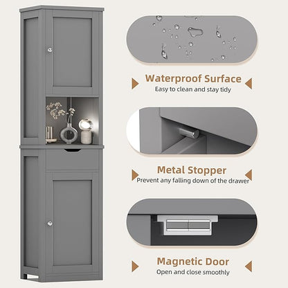 Shintenchi Tall Bathroom Storage Cabinet, Slim Corner Floor Cabinet with Doors and Drawer, Freestanding Narrow Bathroom Organizer with Adjustable Shelves for Small Space, Gray