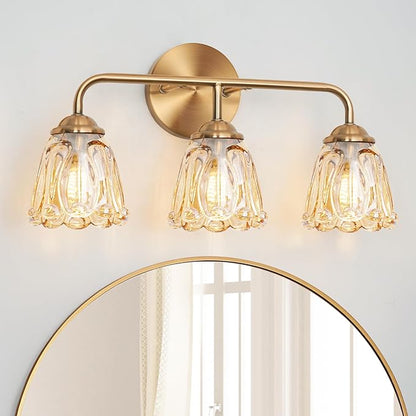 Vintage 3 Light Vanity Light, Gold Bathroom Vanity Light, Bathroom Light Fixtures with AmberGlass Shade, Antique Vanity Light Fixtures Over Mirror, Wall Sconce for Bedroom, Living Room