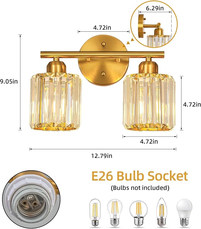 Modern 2 Light Crystal Vanity Light, Brushed Gold Vertical Bathroom Light Fixture Over Mirror for Dressing Table Sink, Compatible with Dimmable Bulbs (Bulbs Not Included)