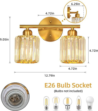 Modern 2 Light Crystal Vanity Light, Brushed Gold Vertical Bathroom Light Fixture Over Mirror for Dressing Table Sink, Compatible with Dimmable Bulbs (Bulbs Not Included)