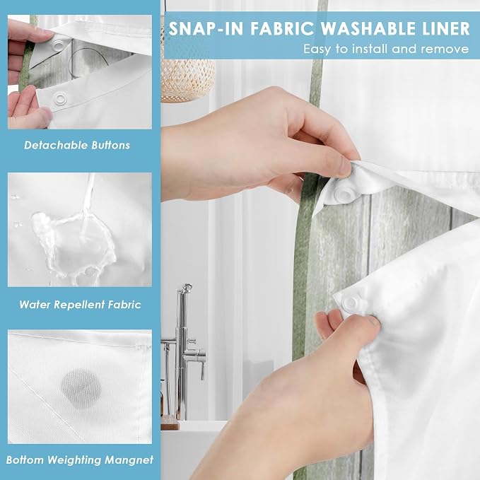 No Hook Shower Curtain with Snap in Liner 71x86 Inch Green Daisy | Farmhouse Rustic Butterfly Modern Double Layers Waterproof Fabric with See Through Top Window Open Grommet Bath Curtain