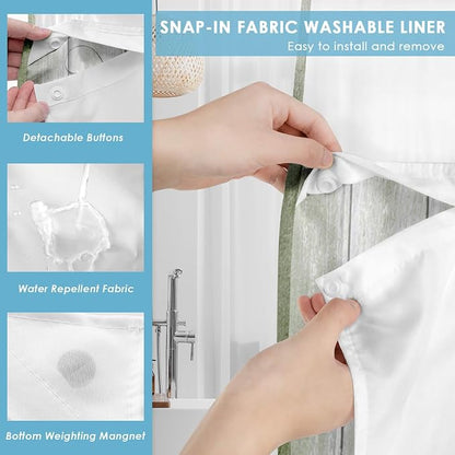 No Hook Shower Curtain with Snap in Liner 71x86 Inch Green Daisy | Farmhouse Rustic Butterfly Modern Double Layers Waterproof Fabric with See Through Top Window Open Grommet Bath Curtain