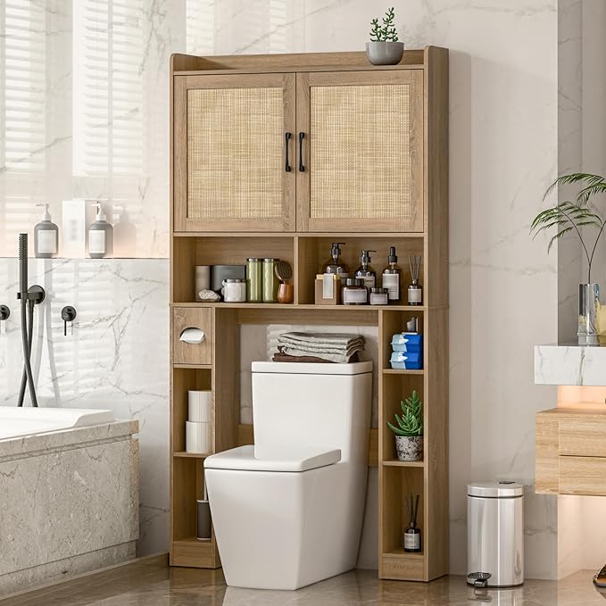 Vabches Over The Toilet Storage Cabinet with Barn Doors, Rattan Oak | Toilet Cabinet Rack, Space Saving Bathroom Organizer with Shelves, Toilet Paper Holder and Towel Rack for Bathroom,Laundry.