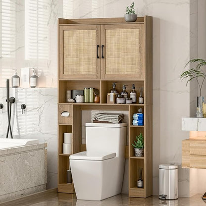 Vabches Over The Toilet Storage Cabinet with Barn Doors, Rattan Oak | Toilet Cabinet Rack, Space Saving Bathroom Organizer with Shelves, Toilet Paper Holder and Towel Rack for Bathroom,Laundry.