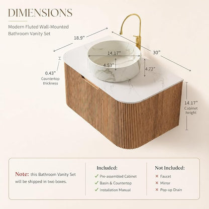 30 Inch Bathroom Vanity with Sink, Floating Wall Mounted Single Sink Vanity, Natural Woodgrain Curved Fluted Front, Stone Top, Marble-Look Round Vessel Basin, Pre-Assembled