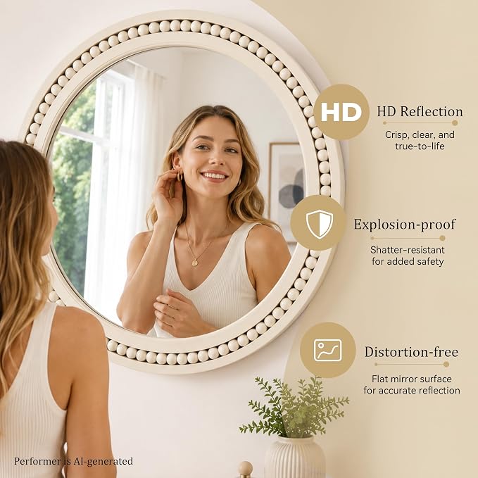 Saliwa 24 Inch Round Bathroom Mirror, White Wood Framed Wall Mirror, Rustic Farmhouse Round Mirror for Vanity, Entryway, Living Room, Bedroom and Hallway