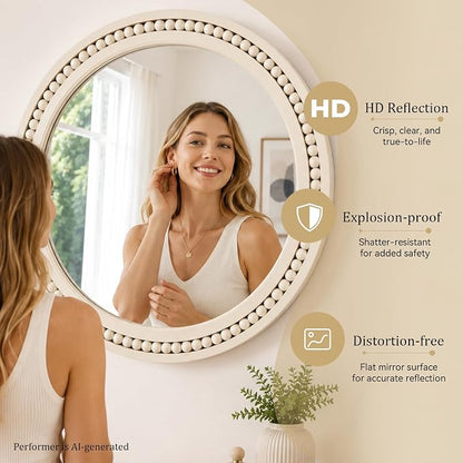 Saliwa 24 Inch Round Bathroom Mirror, White Wood Framed Wall Mirror, Rustic Farmhouse Round Mirror for Vanity, Entryway, Living Room, Bedroom and Hallway