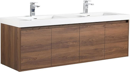 Blossom 60 Inch Floating Vanity Double Sink for Master Bath | Luxury Wall Mounted Bathroom Cabinet with Integrated Sinks | Professional-Grade Plywood & Pre-Assembled Design | Modern Walnut Finish
