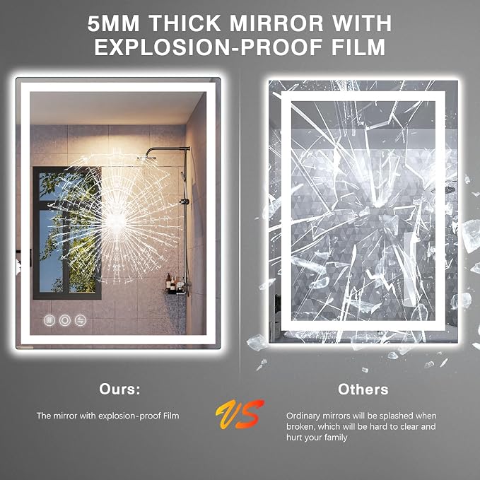 28" x 36" LED Bathroom Mirror with Lights, Memory Vanity Mirror | Anti-Fog, 3 Color Modes, Dimmable, Front Lit, Memory Function, Tempered Glass, Lighted Bathroom Mirror for Wall