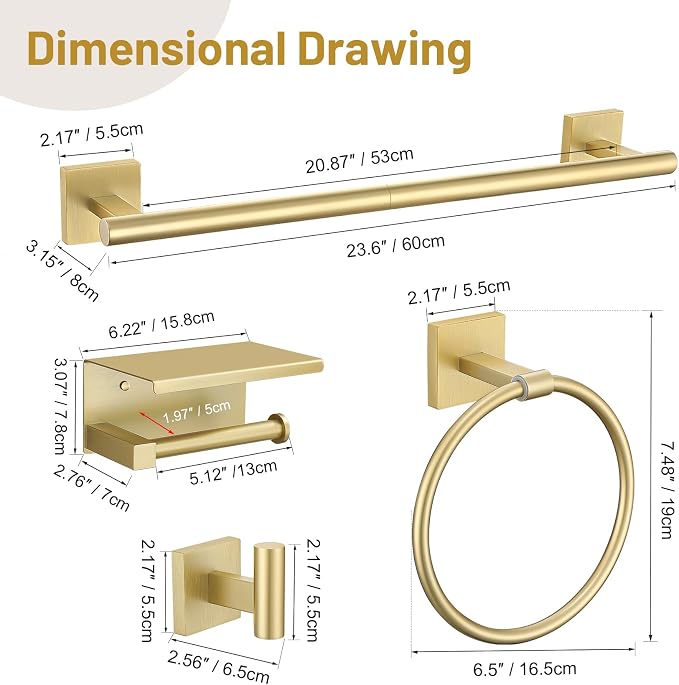 Lairuier Bathroom Hardware Set Brushed Gold, Towel Holder Set Wall Mounted | Bathroom Accessories Set, SUS304 Stainless Steel 23.6" Towel Bar, Toilet Paper Holder with Shelf, Towel Ring and Towel Hooks