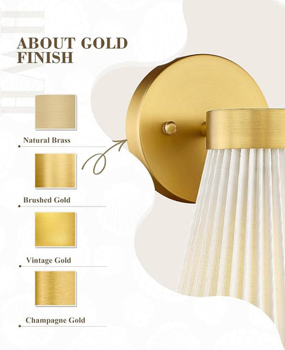 Fabric Bathroom Light Fixture, HWH 1-Light Sconce Wall Lighting with Milk White Striped Fabric Shade, Brushed Gold Finish, Modern Vanity Lights for Bathroom Bedroom, 5HZG97B BG-FB