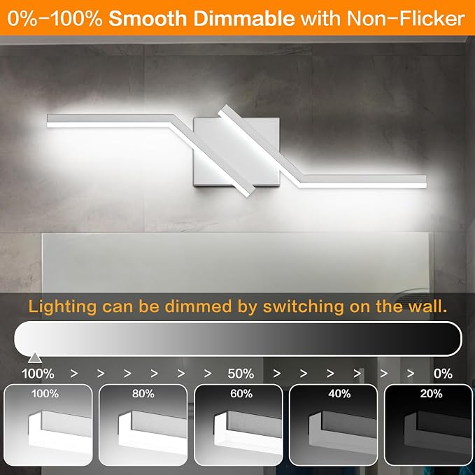 24 inch Nickel Vanity Lights for Bathroom Vanity Light Modern Dimmable Bathroom LED Light Fixtures Over Mirror 6000K Cool White