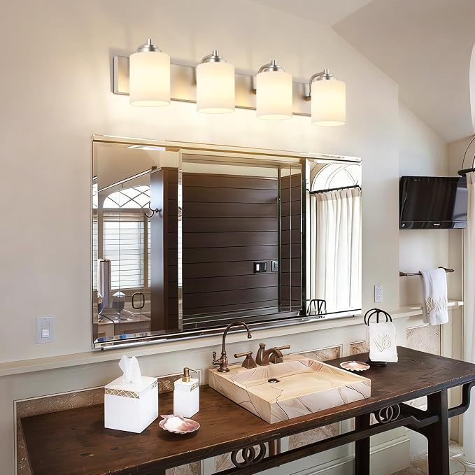 SOLFART Brushed Nickel Bathroom Vanity Light Vintage 4 Light Wall Light with Milky White Globes, 4 Lights Modern Over Mirror Lighting Fixture for Bathroom