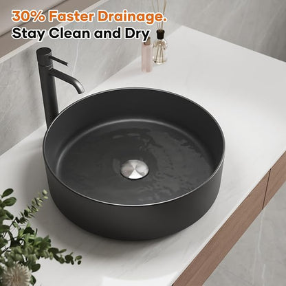 15.7" Round Vessel Sink, Matte Black Ceramic Above Counter Sink | Matte Black Finish, High-Density Ceramic, Scratch & Crack Resistant, Deep Splash Guard Basin, Easy To Clean For Bathroom