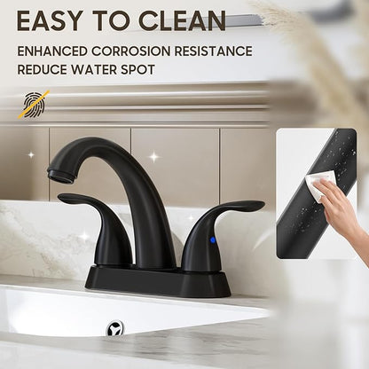 Phiestina 4 Inch 2 or 3 Holes 2 Handles Centerset Matte Black Lead-Free Bathroom Sink Faucet, Bathroom Faucet with Copper Pop Up Drain and Water Supply Lines, BF008-5-MB